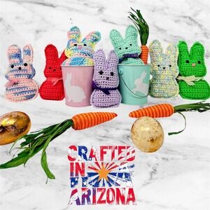 Set of 7 Hand-Knit Crochet Easter Bunnies - Pastel Peeps Decor